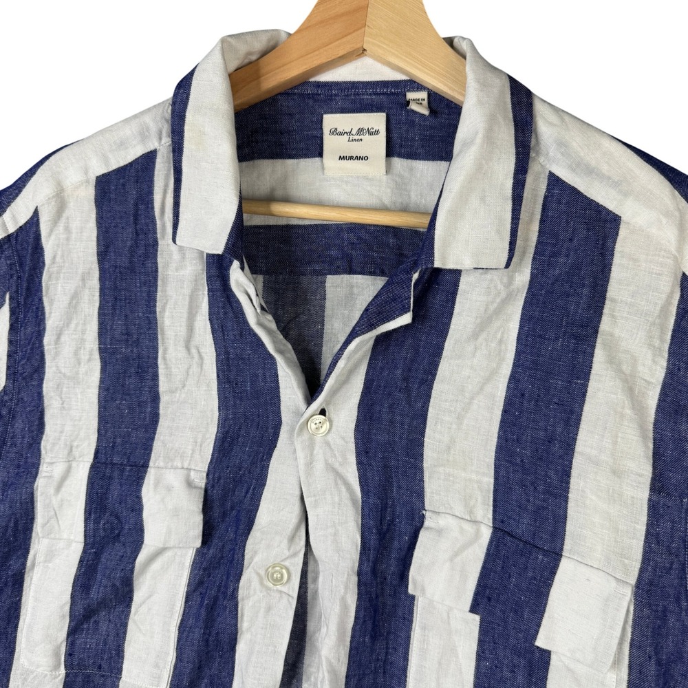 Murano Baird McNutt Linen Shirt XL Blue White Striped Short Sleeve Button Up